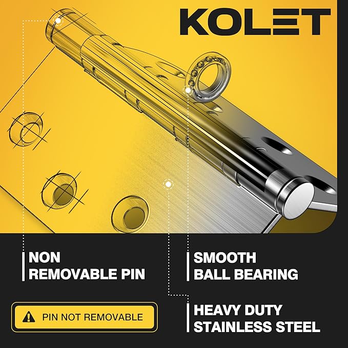 KOLET Ball Bearing Door Hinges, 4 x 4 Inches Door Hinges, 5/8'' Radius Corner Hinges, Heavy Duty Stainless Steel, Smooth and Quiet, Non Removable Pin, Brushed Nickel, 6 Pack