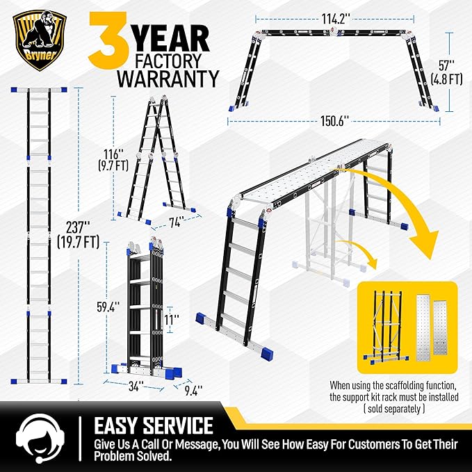 7 in 1 Ladder 19.7ft Multi-Purpose Extension Ladders, Folding Adjustable Aluminium Telescoping Step Folding Ladder 330lbs