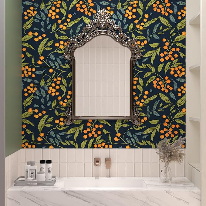 BOKEBEVE Leaf Floral Wallpaper Peel n Stick Boho Blue Orange 17.5 x 787In | Super Long Removable Renter Friendly Vibrant Watercolor Wall Paper for Bedroom Bathroom Living Room Feature Accent Wall