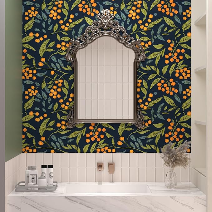 BOKEBEVE Leaf Floral Wallpaper Peel n Stick Boho Blue Orange 17.5 x 196In | Removable Self Adhesive Renter Friendly Vintage Floral Wall Paper for Bedroom Bathroom Living Room Feature Accent Wall