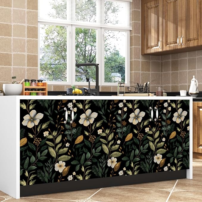 Dark Green Floral Leaf Vintage Wallpaper Peel and Stick 17.5''x118'' | Self Adhesive/Removable/Waterproof/Thick Vinyl Contact Paper for Bathroom Bedroom Shelf Cabinet Drawer,Prepasted,Easy Peel