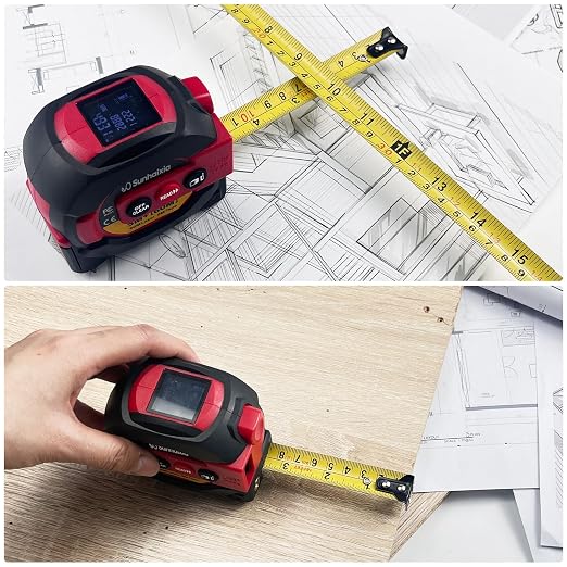 Laser Tape Measure 3 in 1 with Laser Level Crosshairs |196ft/60m Laser Distance+16ft/5m AutoLock Tape |Backlit LCD Display (Ft/Inch/M/mm) |for DIY,Construction, Interior Design (Red)