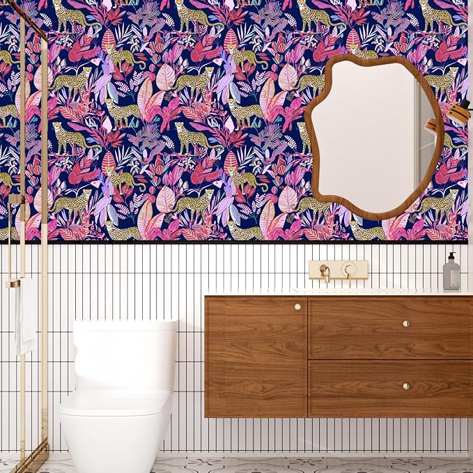 Purple Vintage Leopard Peel and Stick Wallpaper 17.5" x 393" | Waterproof Vinyl Self Adhesive Removable Renter Friendly Floral Contact Paper