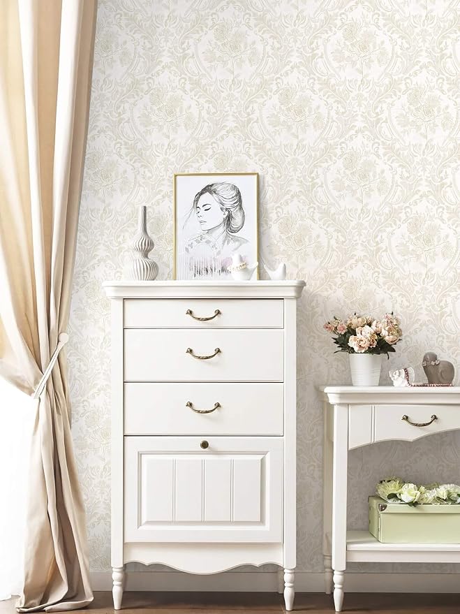 Ismoon Floral Peel and Stick Wallpaper Vintage Beige Contact Paper Boho Watercolor Damask Wall Paper Textured Removable Self Adhesive Vinyl Wallpaper for Cabinet Bedroom Wall Decor, 17.3 in X 6.5 ft