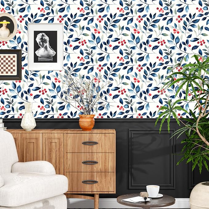 Danodoi Dark Blue Vintage Leaf Peel and Stick Wallpaper 17.5" x 118" | Waterproof Vinyl Self Adhesive Removable Renter Friendly Floral Contact Paper