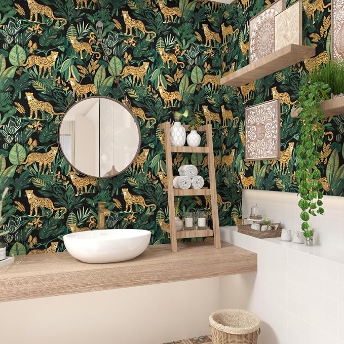Leopard Wallpaper Peel and Stick Jungle Animal Wallpaper Vinyl Wallpapers Tropical Contact Paper for Cabinets Waterproof Self Adhesive Wall Paper for Kitchen Countertop Wall 17.5" x 118" | Waterproof Vinyl Self Adhesive Removable Renter Friendly Floral...