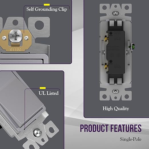 ENERLITES Elite Series Decorator Switch with Screwless Wall Plate, Paddle Light Switch, Single Pole, 3 Wire, Grounding Screw, Residential Grade, 15A 120V, UL Listed, 91150-SVWP, Silver