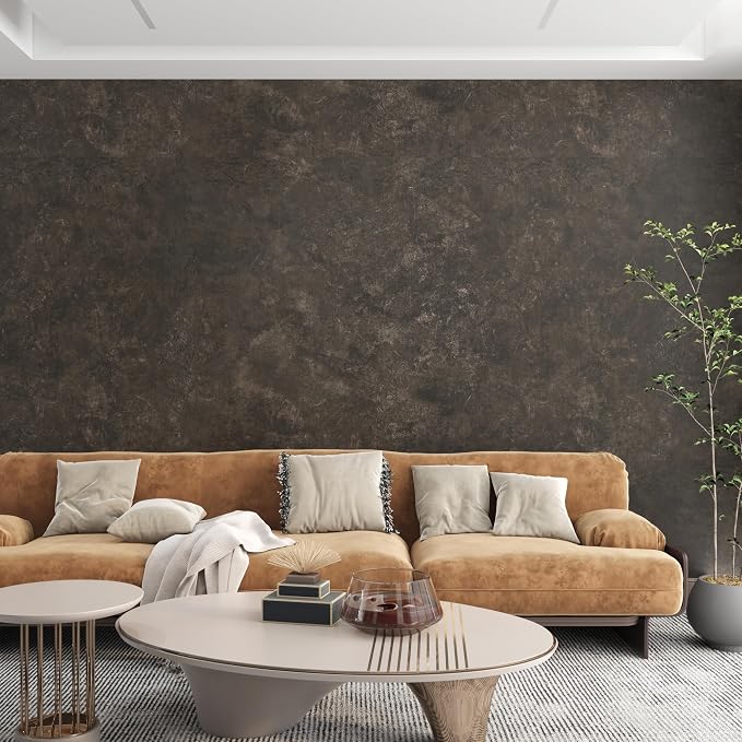3yecao 31"×157" Big Roll Wide Thick Dark Brown Tan Grey Concrete Wallpaper Peel Stick Vinyl Adhesive Waterproof Glossy Taupe Charcoal Gray Concrete Cement Contact Paper for Living Room Bedroom Walls