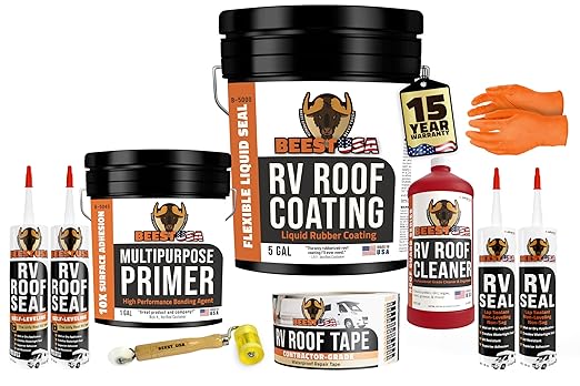 BEEST RV Roof Repair Kit Includes: Roof Coating 5G, EPDM Primer 1G, RV Cleaner 32 Oz, Non-Sag Lap sealant, Self-Leveling Lap Sealant, Seam Roller, Seam Tape & Gloves| Repair & Maintenance Bundle
