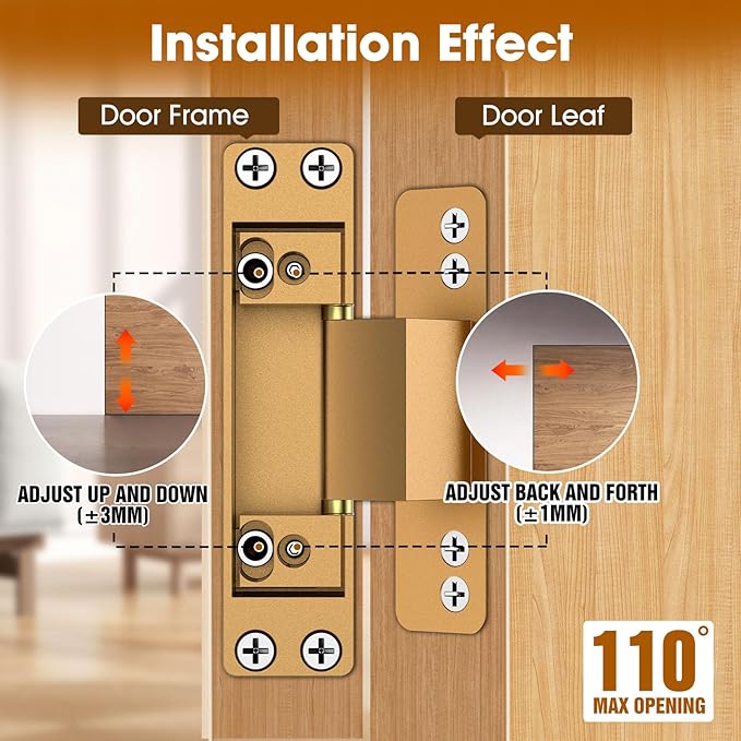 4.5" Hidden Door Hinge/Invisible Door Silent Door Hinge 110 Degree Swing Hinge 2-Way Adjustable Butt Hinge 4.5 x 2 x 1 (2, Gold)