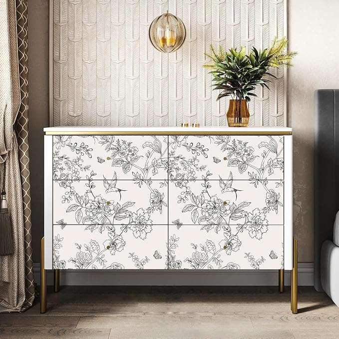 Froluya Black and Cream White Floral Wallpaper Peel and Stick Wallpaper 17.7in×196.8in Vintage Floral Contact Paper Flowers Birds Removable Self Adhesive Decorative Wall Paper for Bathroom Cabinets