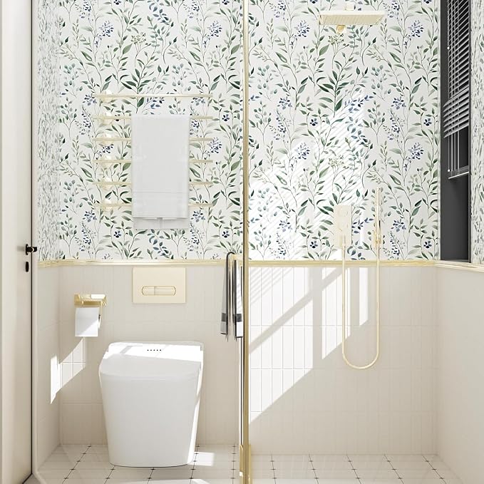 ILHIIOR Blue Leaf Wallpaper Boho Peel and Stick Wallpaper Green Leaf Vintage Contact Paper White Floral Wall Paper Removable Wallpapers Self Adhesive for Cabinet Drawers Wall Decor 17.5''x393''