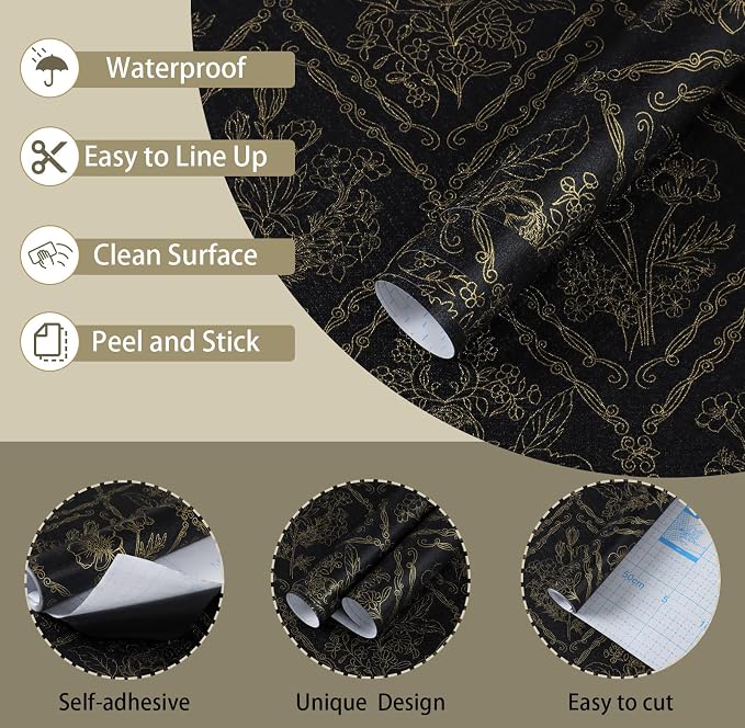Toduso Peel and Stick Wallpaper Vintage Wall Paper Boho Contact Paper Black and Gold Floral Removable Wallpaper for Bathroom Bedroom Flower Waterproof Self Adhesive Vinyl Drawer Decor 17.3"x393.7"