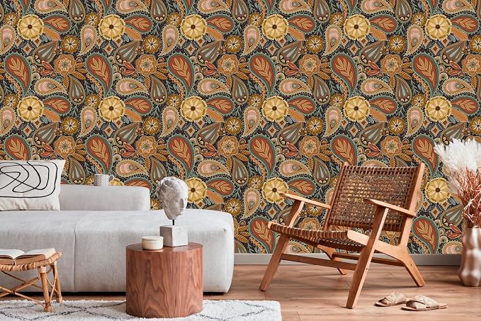 HAOKHOME Boho Peel and Stick Wallpaper Floral Paisley Brown/Yellow/Terracotta Renter Friendly Removable Wall Paper for Bedroom Decor 17.3in x 9.8ft