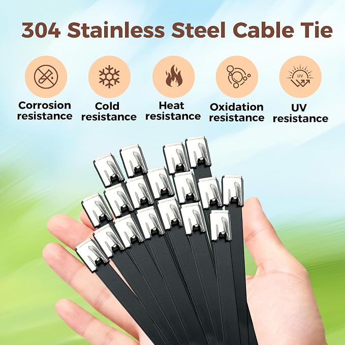 304 Stainless Steel Cable Tie Gun Kit, 300 Pcs Black | 304 stainless steel zip tie gun kit: 200 11.8in & 100 7.8in ties, cutter, tightens&cuts, rustproof for fence/farm/coop/pipe.