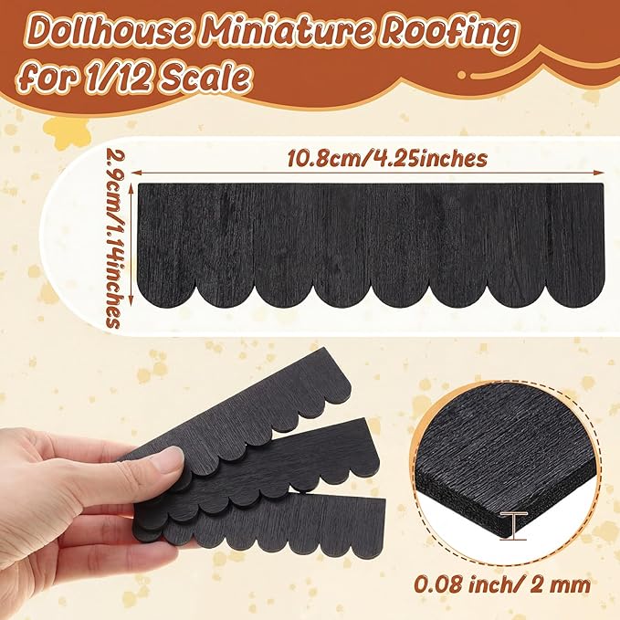 Wenqik 100 Strips Dollhouse Roof Shingles 4.25 x 1.14 Inches Each Mini Fish Scale Wooden Dollhouse Miniature Roofing for 1: 12 Scale Doll House Projects DIY Miniature Landscapes (Black)