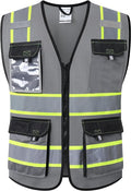 JKSafety Hi Vis Reflective Safety Vests for Men Women High Visibility Vest with Pockets Mesh Fabric Construction Safety Apparel Neon Vest for Work (220-Grey 5XL)