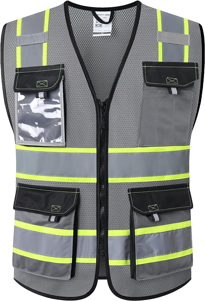 JKSafety Hi Vis Reflective Safety Vests for Men Women High Visibility Vest with Pockets Mesh Fabric Construction Safety Apparel Neon Vest for Work (220-Grey 5XL)