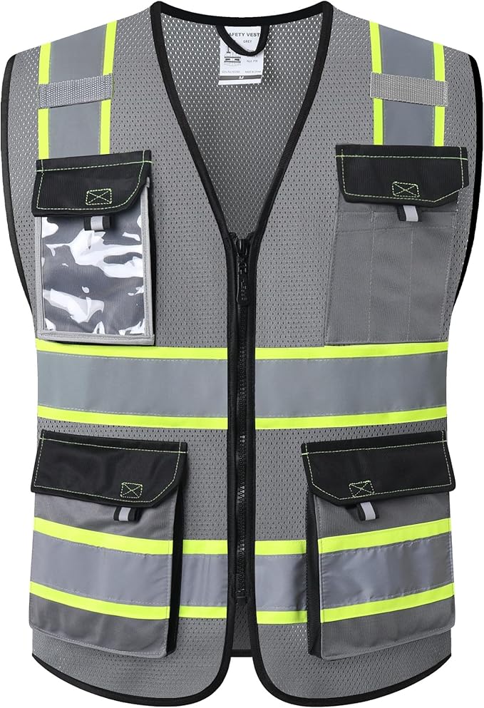 JKSafety Hi Vis Reflective Safety Vests for Men Women High Visibility Vest with Pockets Mesh Fabric Construction Safety Apparel Neon Vest for Work (220-Grey XXL)