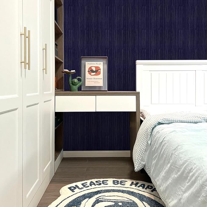 Navy Blue Grasscloth Peel and Stick Wallpaper Texture Contact Paper 23.6"x480" Vintage Wallpaper Removable Waterproof Wall Paper for Room Walls Cabinets Furniture Drawers Desk