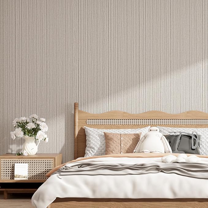 Mocha Brown Faux Grasscloth Wallpaper Peel and Stick Linen Textured 24"x394" Upgraded Thick Self-Adhesive Waterproof Neutral Decorative Contact Paper Vinyl Film Roll for Wall Bedroom Kitchen