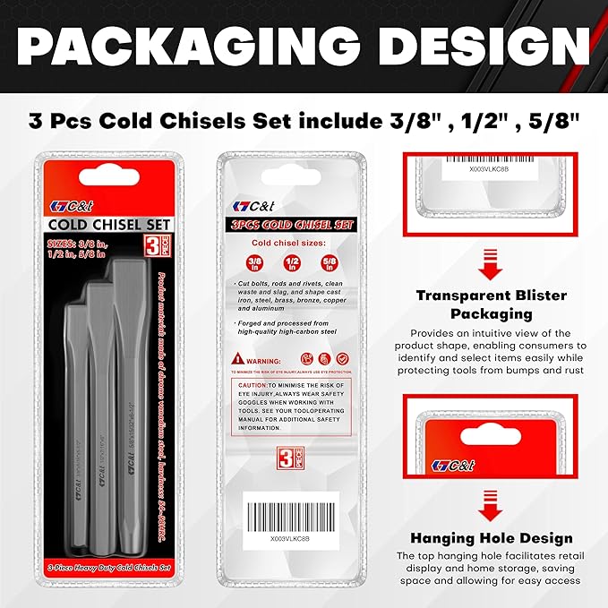 C&T 3-Piece Heavy Duty All Purpose Cold Chisels Kit, 3/8, 1/2, 5/8 in, for Carpentry, Metalwork, Woodwork & Masonry work