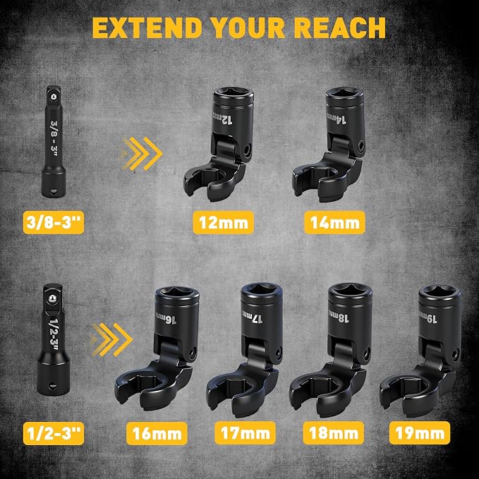 8-Piece Flex Head Crows Foot Wrench Set, Metric 12 14 16 17 18 19 mm with Extension Bar, 3/8" & 1/2" Drive Crowsfoot Line Wrenches Set, Access Fasteners in Tight Spaces
