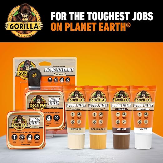 Gorilla All Purpose Wood Filler, Natural Finish, 16 Ounce Tub (Pack of 1) - Water Resistant for Indoor or Outdoor Projects and Repairs