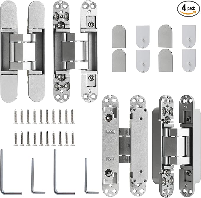 4-Pack 6 inch Hidden Door Hinges Heavy Duty Silver, Invisible Concealed Hinges Zinc Alloy 6''x 2.5''x1Inch, 180 Degree Swing Hinge, 3 Way Adjustable Hinge with Pins and Screws