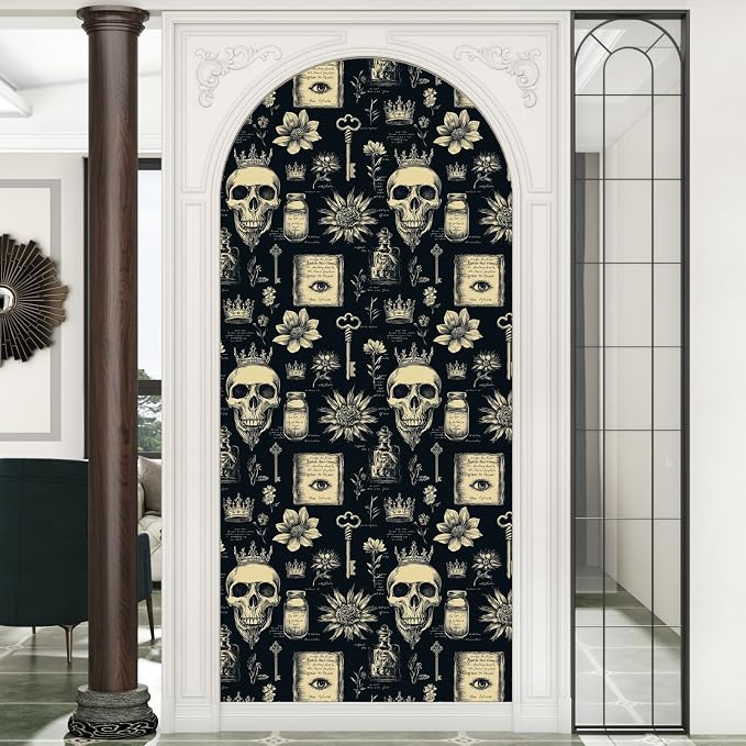 Gothic Black Beige Skull Floral Wallpaper Peel and Stick 17.5"x118" | Self Adhesive/Removable/Waterproof/Thick Vinyl Vintage Contact Paper for Bathroom Bedroom Shelf Cabinet Drawer,Prepasted