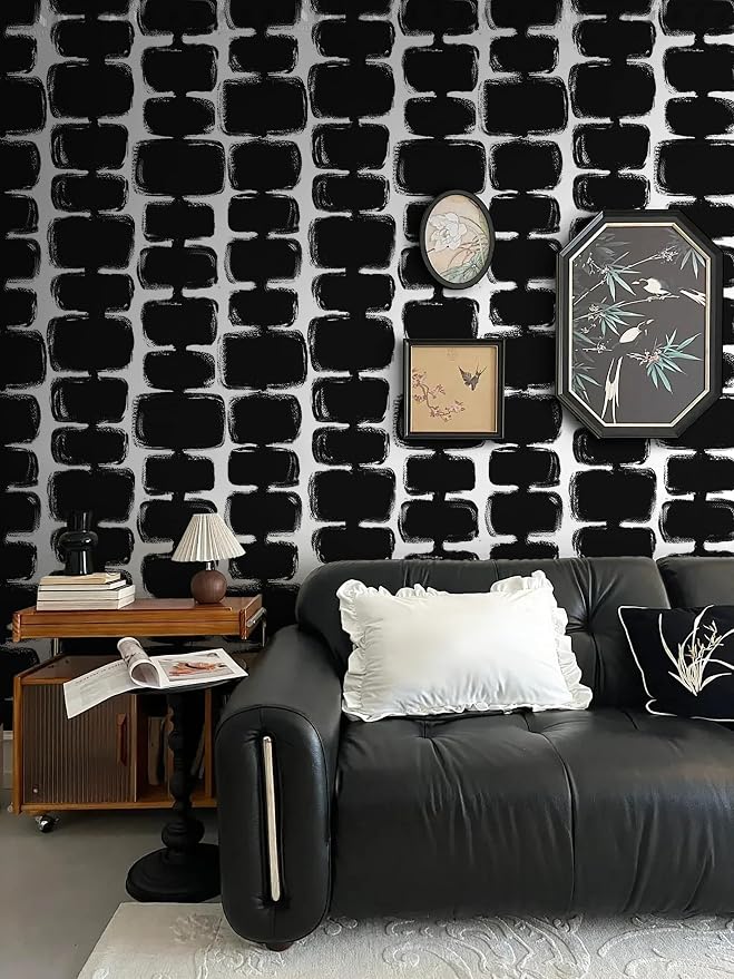 Safiyya 17.3"x393" Peel and Stick Wallpaper Black and White Contact Paper Mid Century Modern Abstract Geometric Wall Paper Self Adhesive Removable Wallpaper for Bathroom and Bedroom Vinyl