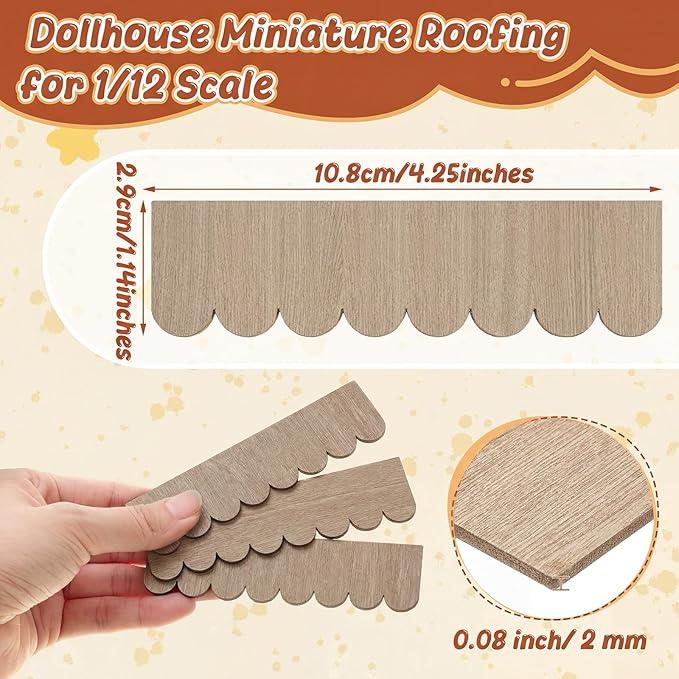 Wenqik 100 Strips Dollhouse Roof Shingles 4.25 x 1.14 Inches Each Mini Fish Scale Wooden Dollhouse Miniature Roofing for 1: 12 Scale Doll House Projects DIY Miniature Landscapes (Light Brown)