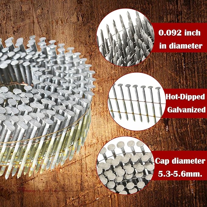 findmall 3600 Count Siding Nails 2-1/4 Inch by .092 Inch 15 Degree Ring Shank Hot-Dipped Galvanized Collated Wire Coil