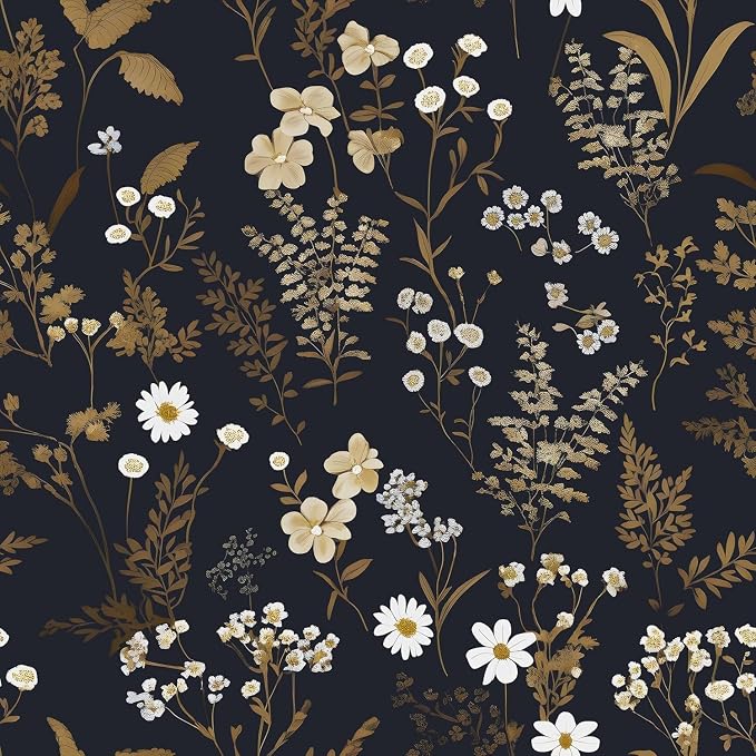 Floral Leaf Vintage Wallpaper Peel and Stick 17.5"x197", Dark Gold | Self Adhesive/Removable/Waterproof/Thick Vinyl Contact Paper for Bathroom Bedroom Shelf Cabinet Drawer,Prepasted,Easy Peel