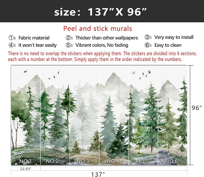 YIHWM-Peel and Stick Nursery Forest Wallpaper Watercolor Pine Tree Mural | Tear-resistant,with a substantial feel;Will not be damaged during repositioning.Boy's Room,kids room wallpaper.L-137"x96"