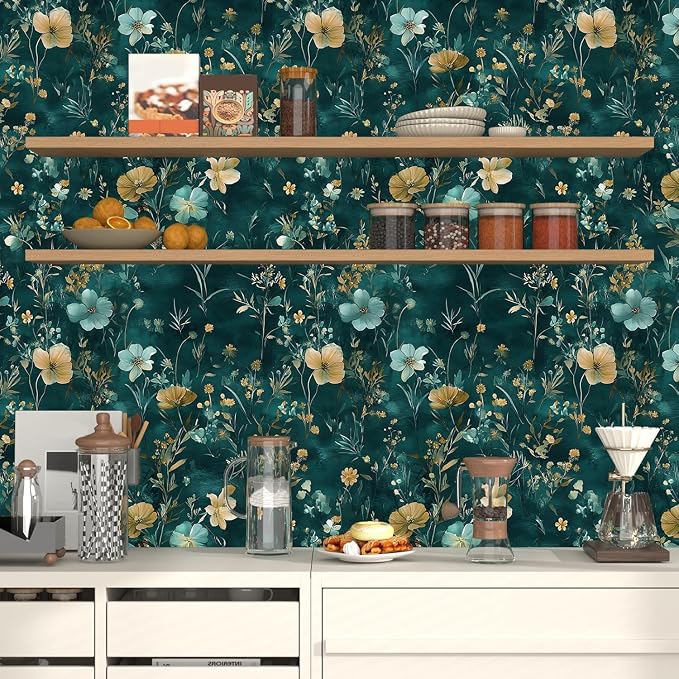 Floral Leaf Vintage Wallpaper Peel and Stick 17.5" x 118", Teal Gold | Self Adhesive/Removable/Waterproof/Thick Vinyl Contact Paper for Bathroom Bedroom Shelf Cabinet Drawer,Prepasted,Easy Peel