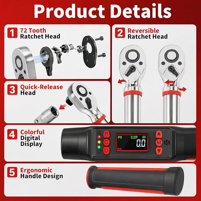 1/2 Inch Digital Torque Wrench,14.7-295 Ft-lb (20-400Nm) ±2% High Precision Electronic Torque Wrench, Dual Mode, Triple Alert, 72-Tooth Ratchet, Heavy Duty for Auto Truck Mechanical Repair