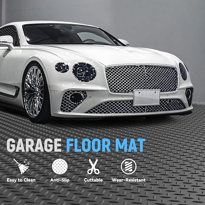 5x15 FT Garage Floor Mat, 2.8mm Thickened PVC Flooring Roll for Under Car, Golf Cart Parking Mat, Diamond Plate Gray Motorcycle Mat for Warehouse, Basement, Gyms, Trailer（Included Tapes）