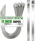MasiStran Metal Zip Ties 60 Pack 12 Inch, 304 Stainless Steel 408LBS Heavy Duty Zip Ties - Self-Locking Cable Ties for Exhaust Wrap，Chain Link Fence Parts, Outdoor Farms,Pipes