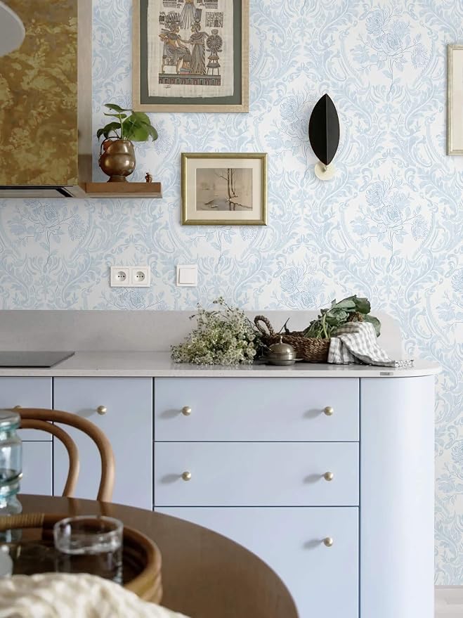 Ismoon Peel and Stick Wallpaper Vintage Floral Contact Paper Boho Watercolor Blue Damask Wallpaper Textured Removable Self Adhesive Vinyl Wall Paper for Bedroom, 17.3 in X 6.5 ft
