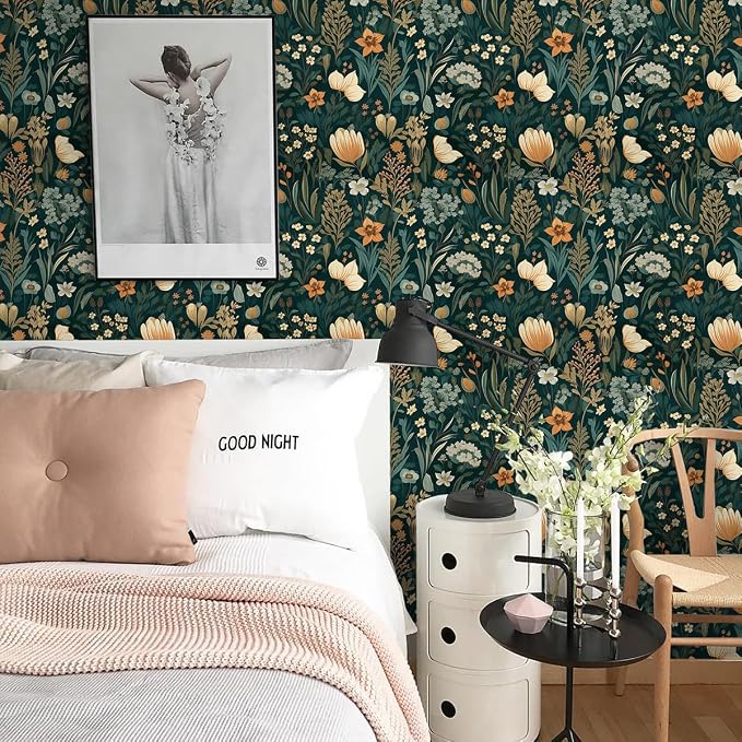 Orainege Vintage Floral Peel and Stick Wallpaper Boho Floral Contact Paper 17.3in x196.8in Flower Wallpaper Peel and Stick Flower Self Adhesive Wall Paper for Bedroom Removable Decorative
