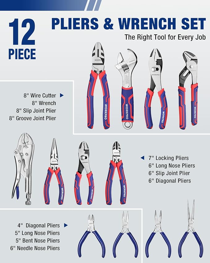 WORKPRO Pliers & Wrench Set, 12-Piece Pliers Tool Set with Organizer | 12-Piece Pliers Set Kit, CR-V & Carbon Steel, Ergonomic Grips, Ideal for Home & Garage, Suitable for Gifting