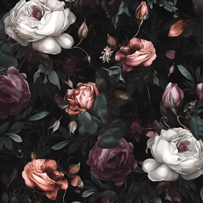 Gothic Dark Purple Rose Floral Wallpaper Peel and Stick 17.5"x393" | Self Adhesive/Removable/Waterproof/Thick Vinyl Contact Paper for Bathroom Bedroom Shelf Cabinet Drawer,Prepasted,Easy Peel