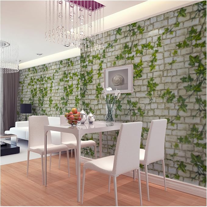 Peel and Stick Wallpaper Brick Wall Paper Green leaves3D BrickStone Self Adhesive Removable Contact Paper Brick Textured Vintage Wallpaper Decorative Wall Classroom Covering15.7 x118