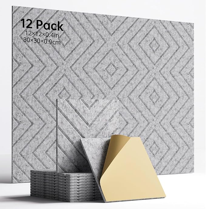 Sound Proof Foam Panels for Walls, 12 Pack Self-Adhesive Acoustic Panels, 12" X 12" X 0.4" Soundproof Wall Panels for Door, Ceiling, Home Office Gray