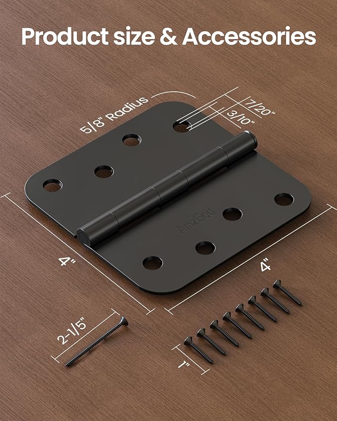 Black Door Hinges 4 Inch, 3 Pack Matte Black Heavy Duty Door Hinges with 5/8" Radius, 4" Interior and Exterior Front Door Hinge for Home, Gate, Furniture, Residential Use