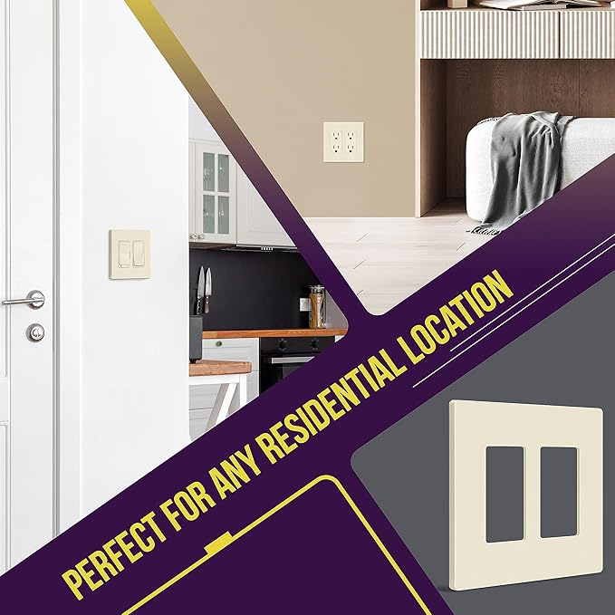 ENERLITES Screwless Decorator Wall Plates Child Safe Outlet Covers, Gloss Finish, Medium Size 2-Gang 4.88" H x 4.92” L, Unbreakable Polycarbonate Thermoplastic, SI8832M-LA-10PCS, Light Almond, 10 Pack