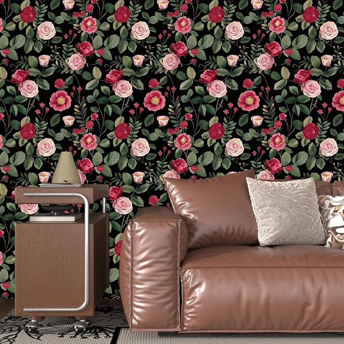 Vintage Pink Floral Peel and Stick Wallpaper 17.5" × 393" | Self Adhesive/Removable/Waterproof/Thick Vinyl Contact Paper for Bathroom Bedroom Shelf Cabinet Drawer,Prepasted,Easy Peel