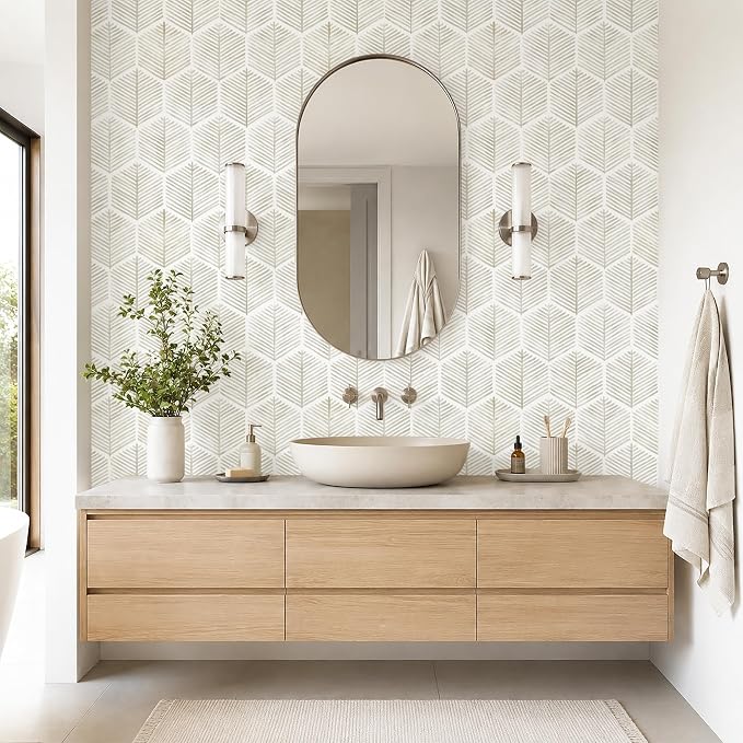 MelunMer Geometric Peel and Stick Wallpaper Boho Beige White 17.3''×78.8'' | Beige Modern Self Adhesive Removable Wallpaper for Bathroom Waterproof Cabinets Drawer, Decor Easy to Install Renter Friendly