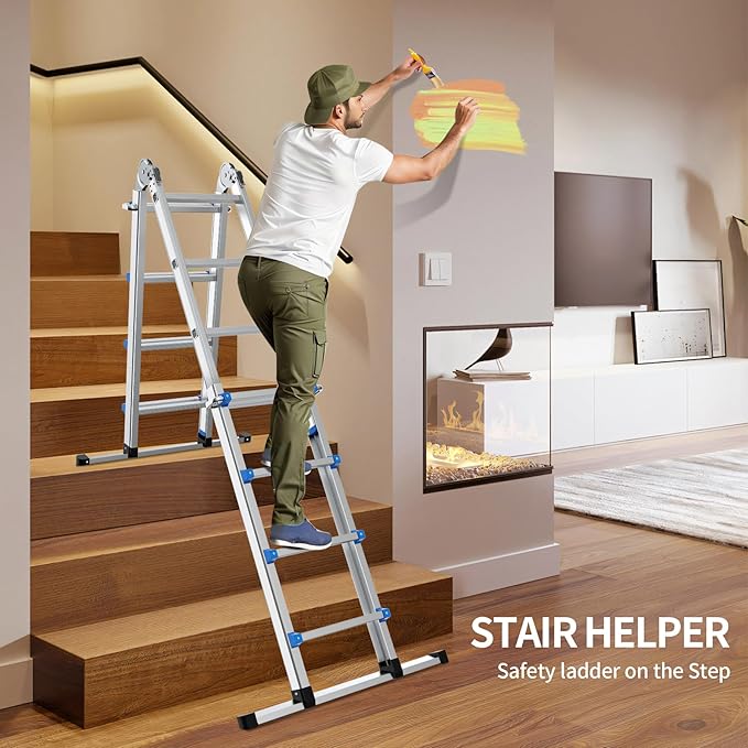 20.5FT Aluminum Foldabl Extension Ladder - Heavy-Duty A-Frame Adjustable Design for Home & Work, 330lbs Capacity, Retractable System with Safety Lock